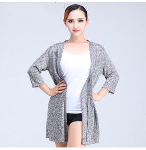 Black grey knitted open front long sleeves women's ladies female competition performance outwear latin ballroom tops cardigans
